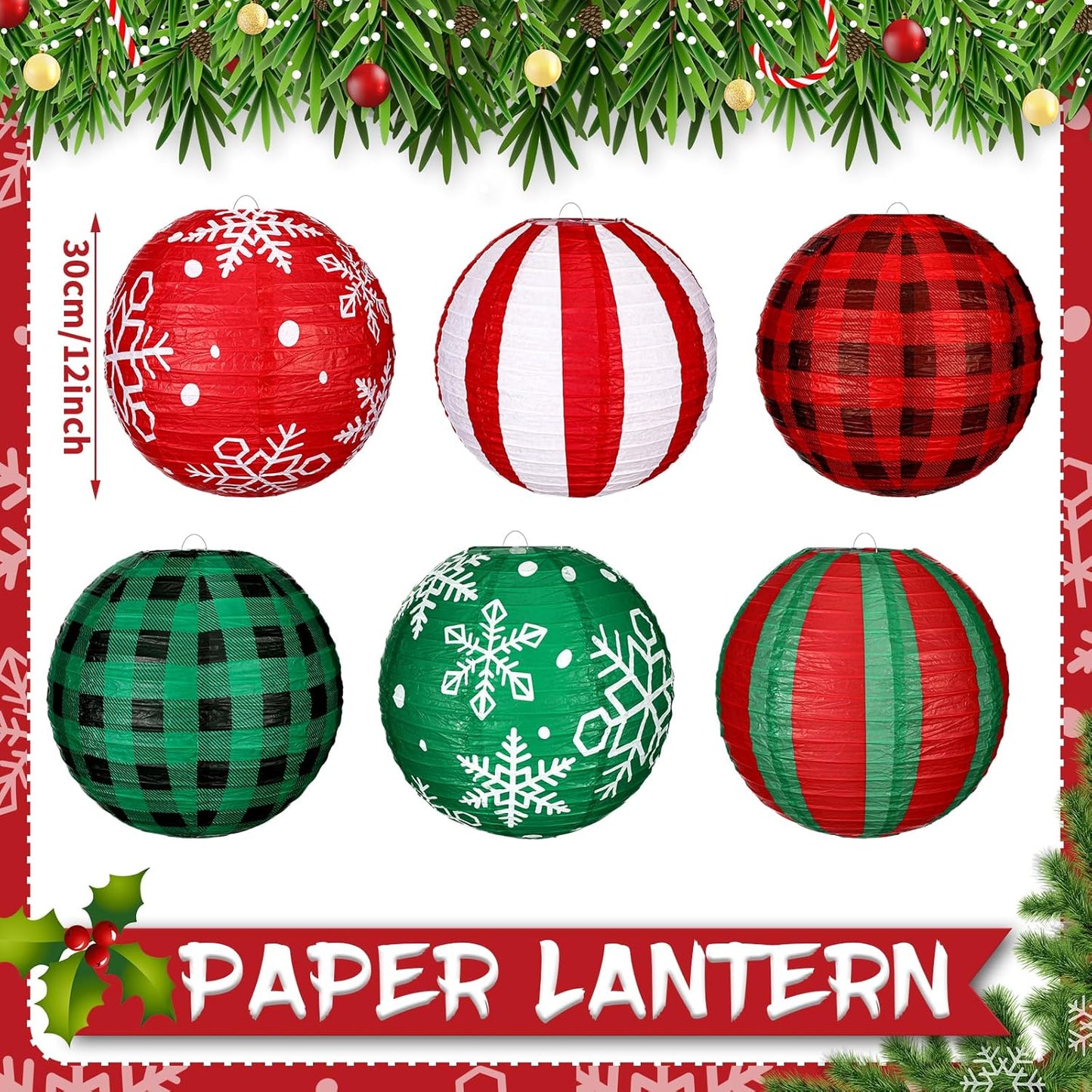 Bencailor 12 Pcs Christmas Hanging Paper Lanterns Set Decorative Christmas Party Lanterns Round Hanging Lamps for Xmas Home Decoration Supplies Props Graduation Holiday Decor(Snowflake, 12 Inch)