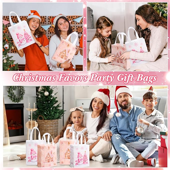 Wovnet 30 Pcs Pink Christmas Gift Bags Bulk Snowman Winter Goodie Bags with Handles Xmas Reusable Non Woven Treat Tote Shopping Merchandise Pouch for Gift Wrapping Party Favors 10 x 8 x 4in