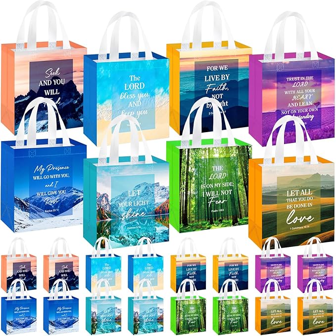HunnmingRe 16 Pcs Christian Gift Bags Bulk, Easter Reusable Scene Religious Bible Verse Tote with Handles Non Woven Scripture Pastor Blessing Gift for Baptism Church Wedding Favors