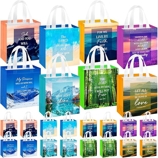 HunnmingRe 16 Pcs Christian Gift Bags Bulk, Easter Reusable Scene Religious Bible Verse Tote with Handles Non Woven Scripture Pastor Blessing Gift for Baptism Church Wedding Favors