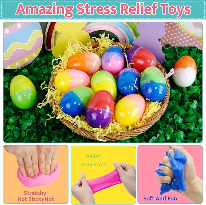 [ Two Color ] 12 Pack Prefilled Easter Butter Slime Eggs,Slime Easter Egg Fillers Stress Relief Easter Egg Hunt Filling Treats Classroom for Kid Teens Boy Girl Easter Basket Stuffers Party Favor