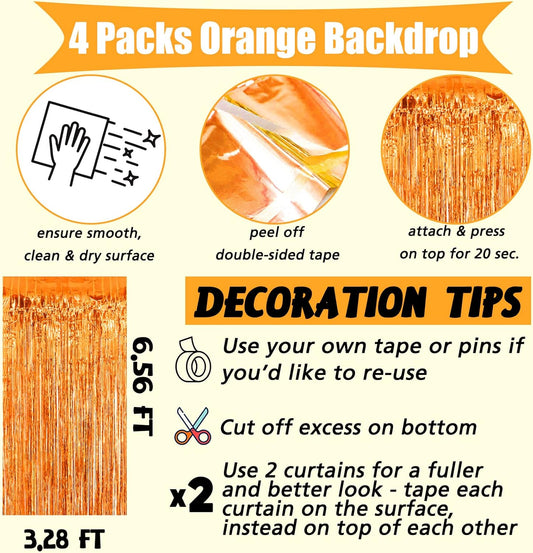 4 Pack Orange Fringe Curtain Backdrop, 3.2Ft x 6.6Ft Metallic Tinsel Foil Fringe Streamers Background for Photo Booth Birthday Wedding Baby Shower Carnival Easter Mother’s Day Party Decorations