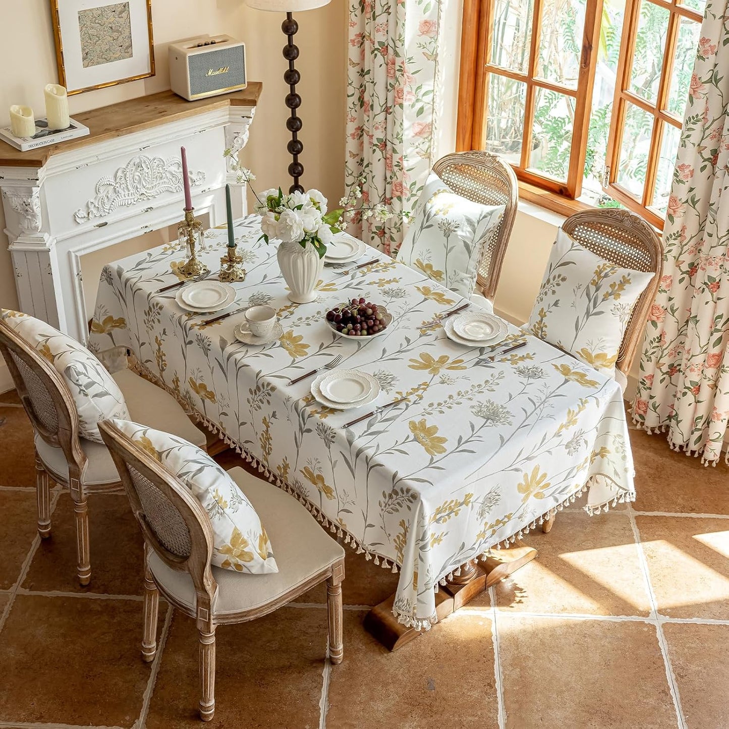 ENJOYBRIDAL Yellow Floral Tablecloth - 60 x 102 Inch - Boho Rectangular Table Cloth Dining Cute Camping Washable Table Cover 8-10 Seats Vintage Picnic Decorative Rustic Furniture Protector