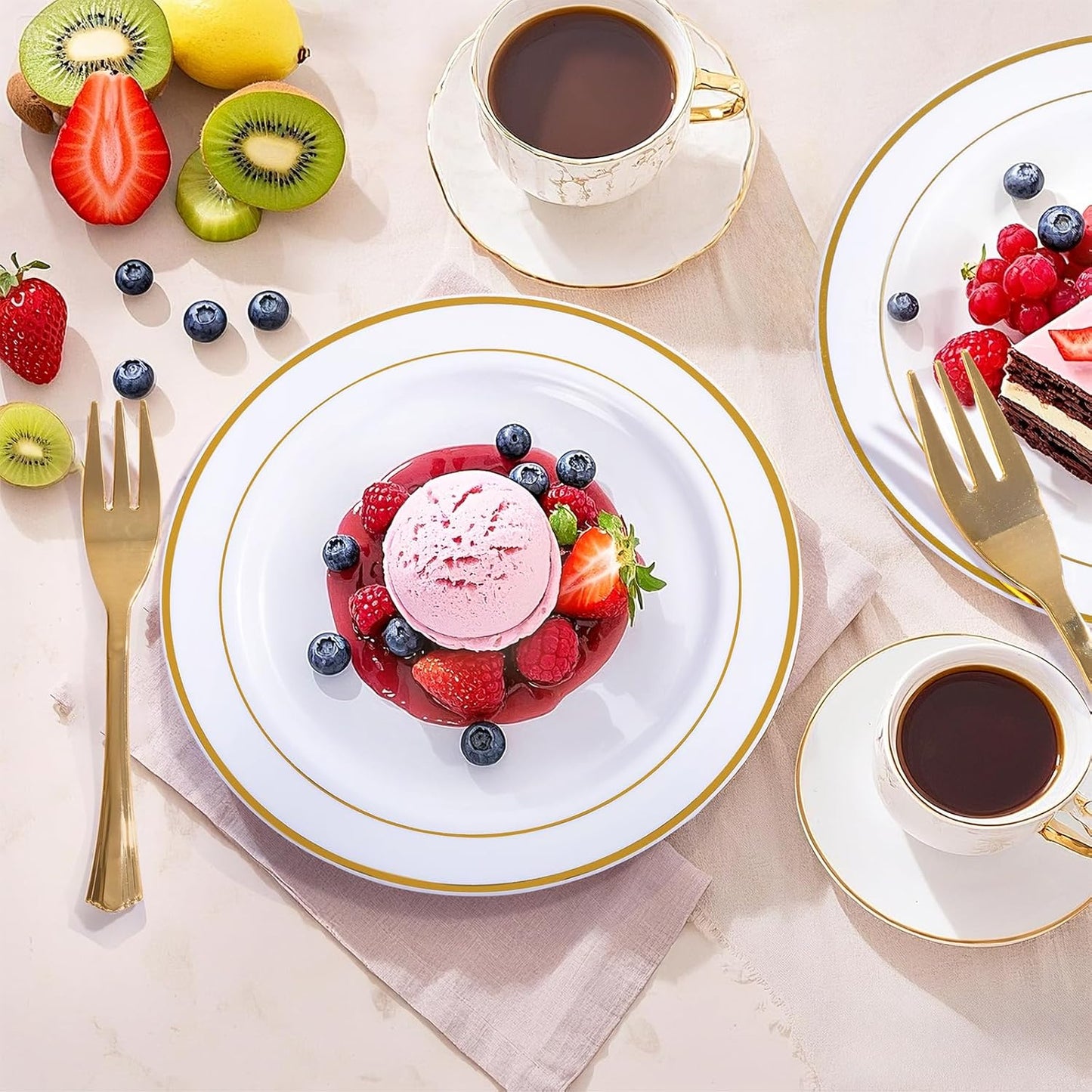 WELLIFE 120 PCS Plastic Dessert Plates and 120 PCS Forks, 6.3 inch Disposable Salad Plate, Premium White Appetizer Plates with Gold Rims Perfect for Parties, Weddings