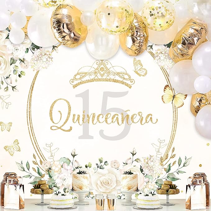 Homewelle Quinceañera Backdrop 7Wx5H Feet Polyester Fabric Mis Quince 15 Anos Birthday Party Decorations Supplies for Girl Princess White Floral Gold Crown Butterfly Photography Background Props