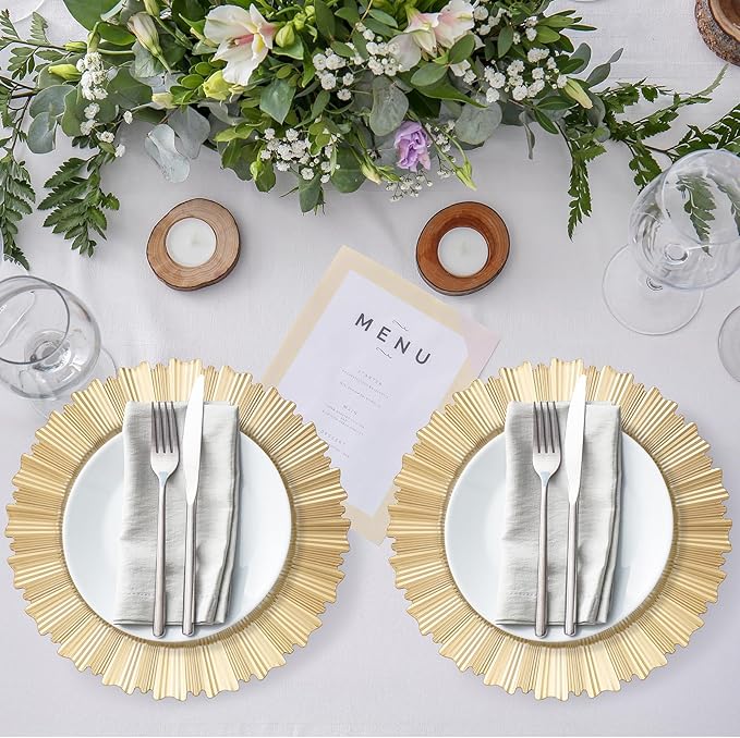 6 Pcs Gold Charger Plates,13 Inch Elegant Fluted Edge Plastic Charger Plates Reusable Table Chargers for Dinner Birthday Wedding Party Bridal Showers Tableware Dishes Luxury Decor