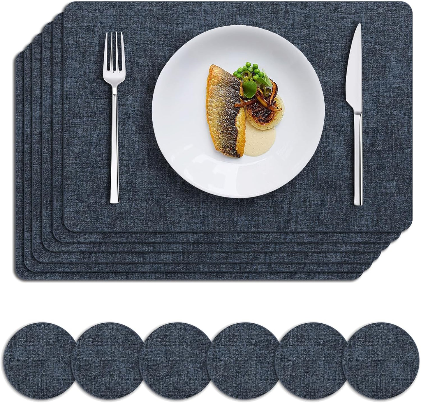 MOSAYT Faux Leather Placemats Set of 6, Heat Resistant Wipeable Washable Vinyl Place Mats with Coasters, Waterproof Oil Proof Table Mats for Kitchen Dining Party Outdoor, 12" x 18", Navy Blue