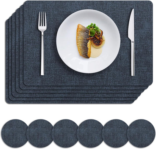 MOSAYT Faux Leather Placemats Set of 6, Heat Resistant Wipeable Washable Vinyl Place Mats with Coasters, Waterproof Oil Proof Table Mats for Kitchen Dining Party Outdoor, 12" x 18", Navy Blue