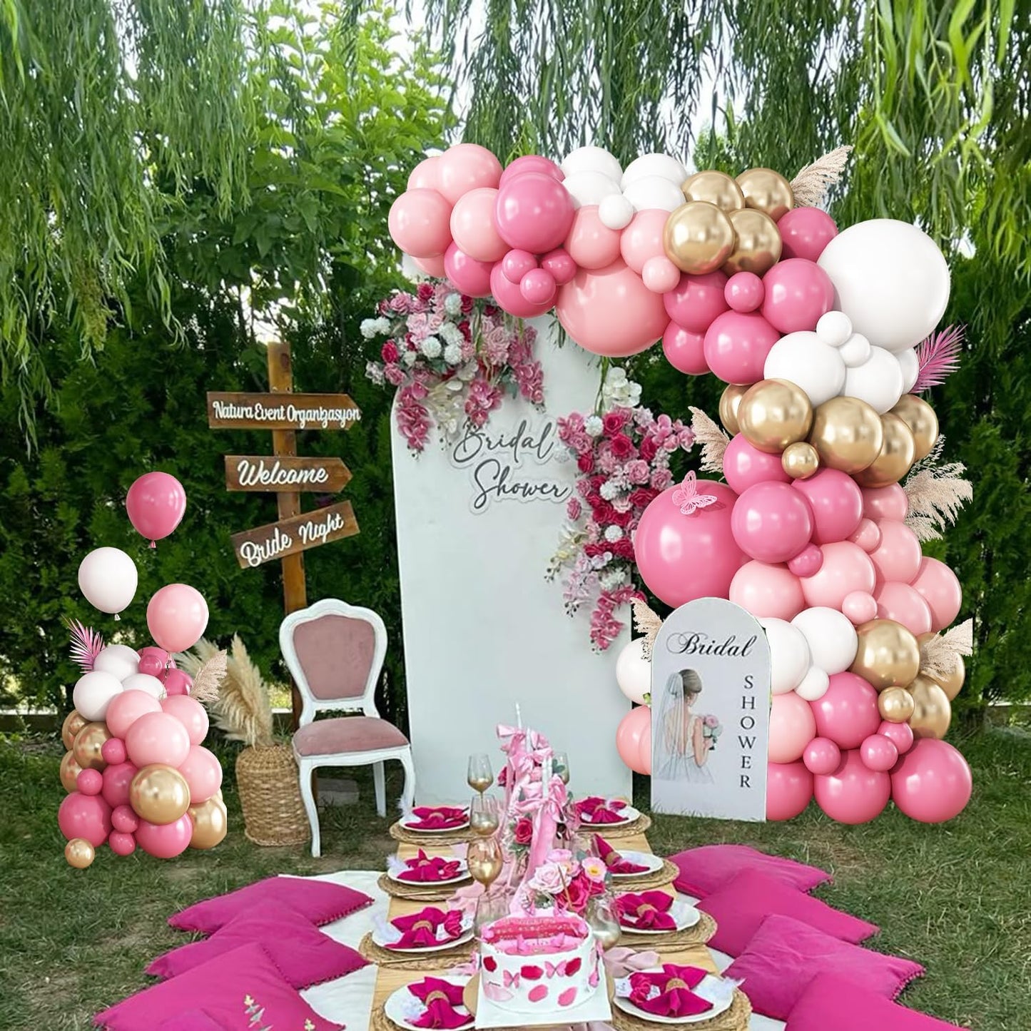 Hot Pink White Gold Balloon Garland Arch Kit, 148Pcs Hot Dusty Pink White Gold Balloons for Baby Shower Wedding Bridal Shower Gender Reveal Birthday Party Decorations