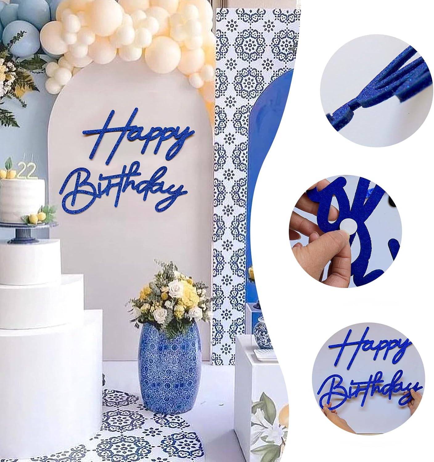 Glitter Happy Birthday Sign for Backdrop - Felt Happy Birthday Large Letters for Banner Arch Party Balloon Wall Backdrop Photography Background Event Decor Supplies - Royal Blue