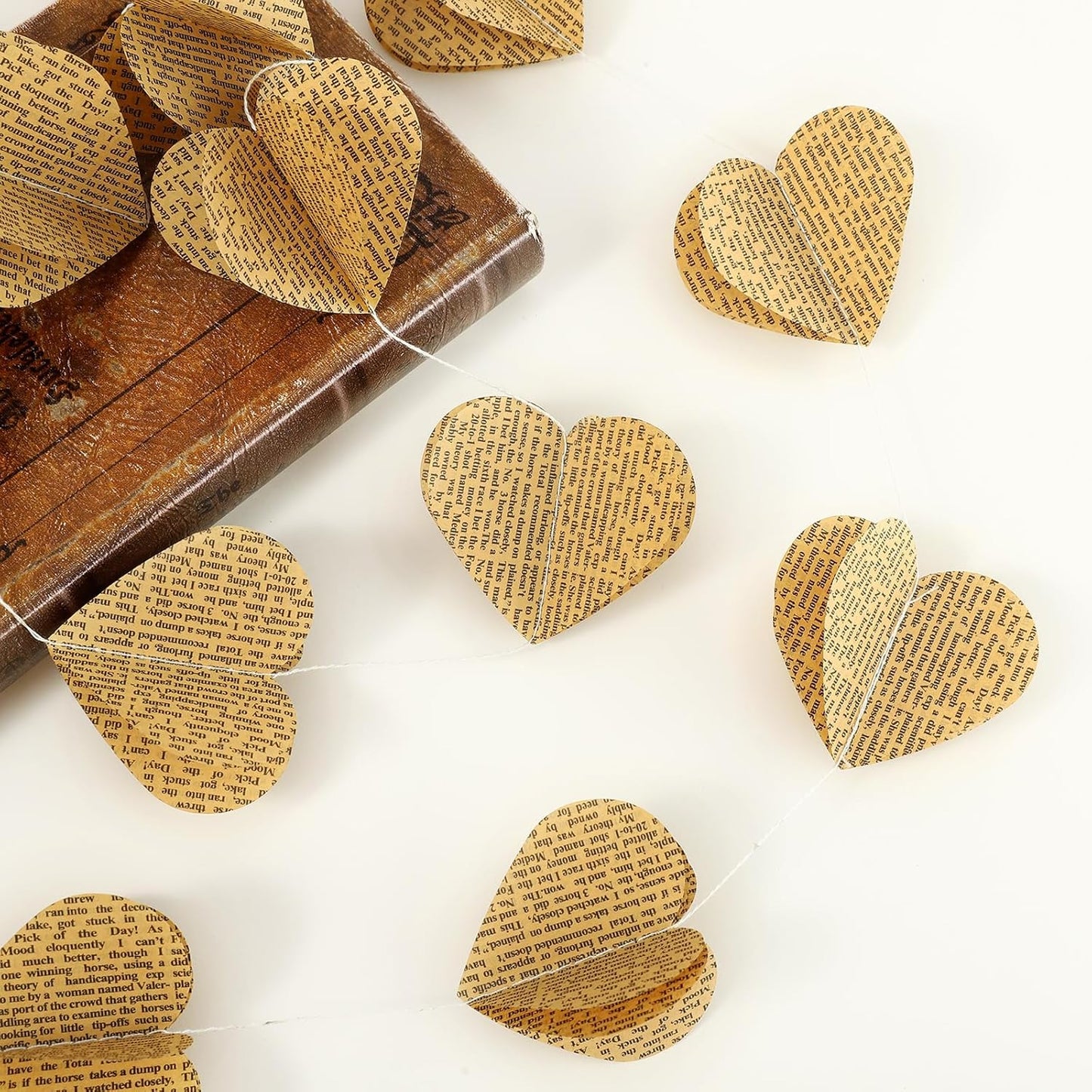 4 Pack 3D Heart Garland Vintage Pages Recycled Book Garland Newspaper Bunting Party Nursery Strand String Banner Wedding Holiday Christmas Decorate (Vintage Heart)
