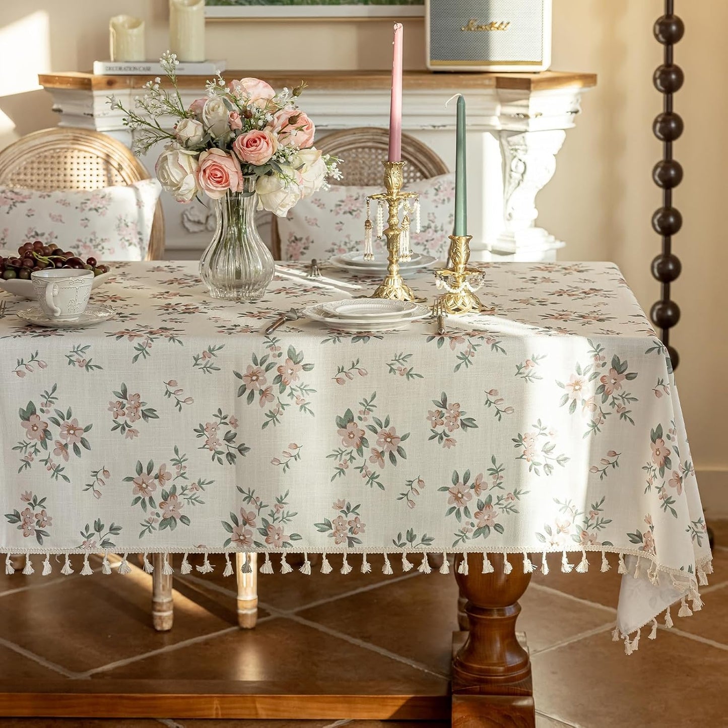 ENJOYBRIDAL Pink Floral Tablecloth - 60 x 102 Inch - Farmhouse Rectangle Table Cloth Boho Dining Washable Picnic Table Cover 8-10 Seats Vintage Kitchen Flower Camping Furniture Protector