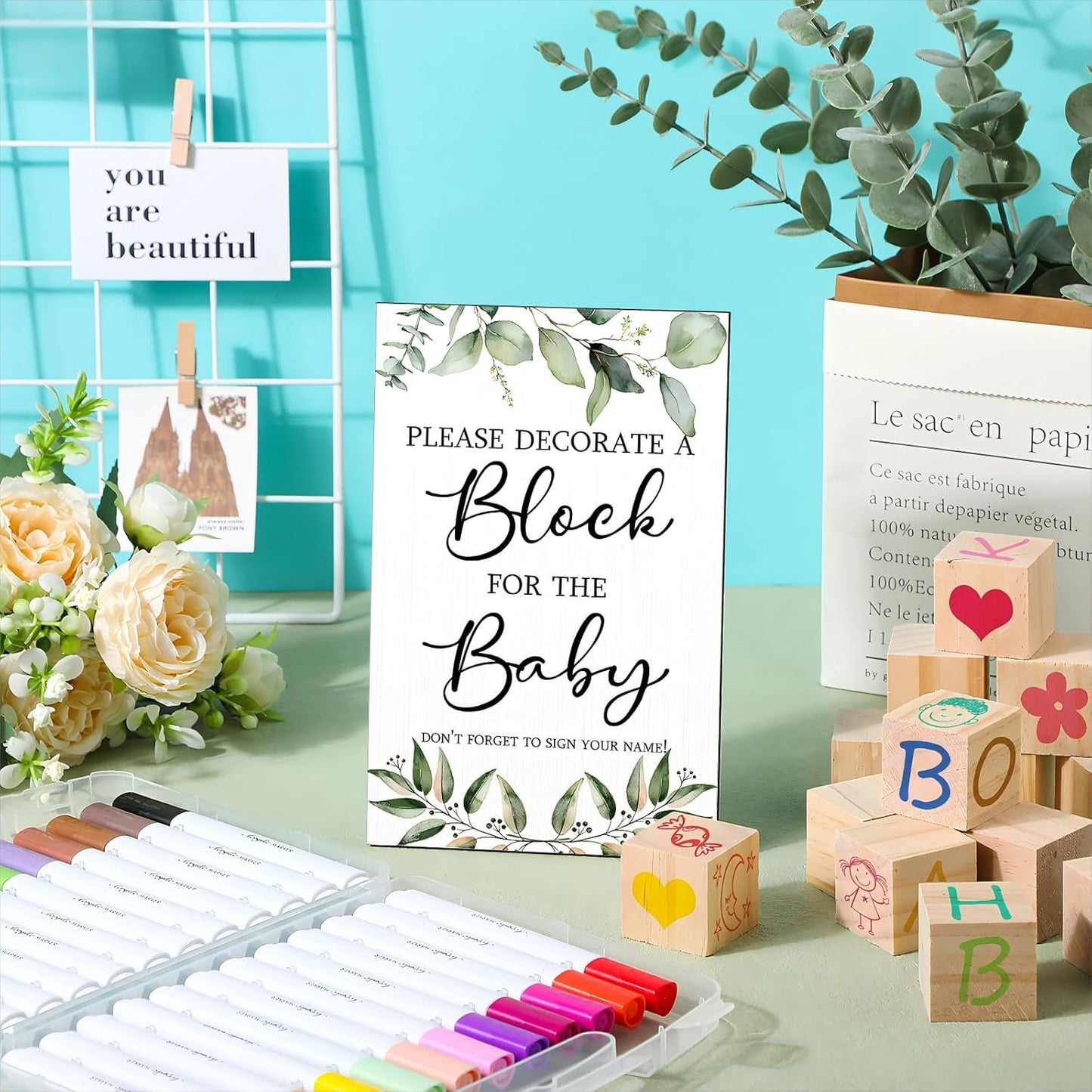 Tatuo 75 Pcs Baby Shower Games Sign Kit Including Decorate a Block Game Sign 50 DIY Wooden Block 24 Acrylic Paint Marker Baby Shower Prize for Gender Reveal Party(Greenery)