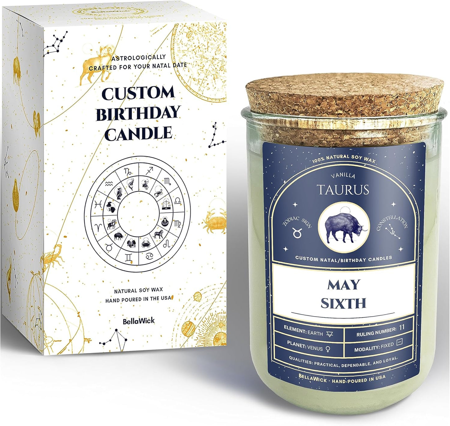 Birthday Candles - Custom Birthdate Astrological Zodiac Scented Candles. Astrology Gifts. All Natural Soy Wax. 75+ Hour Burn Time. Made in USA - May 6