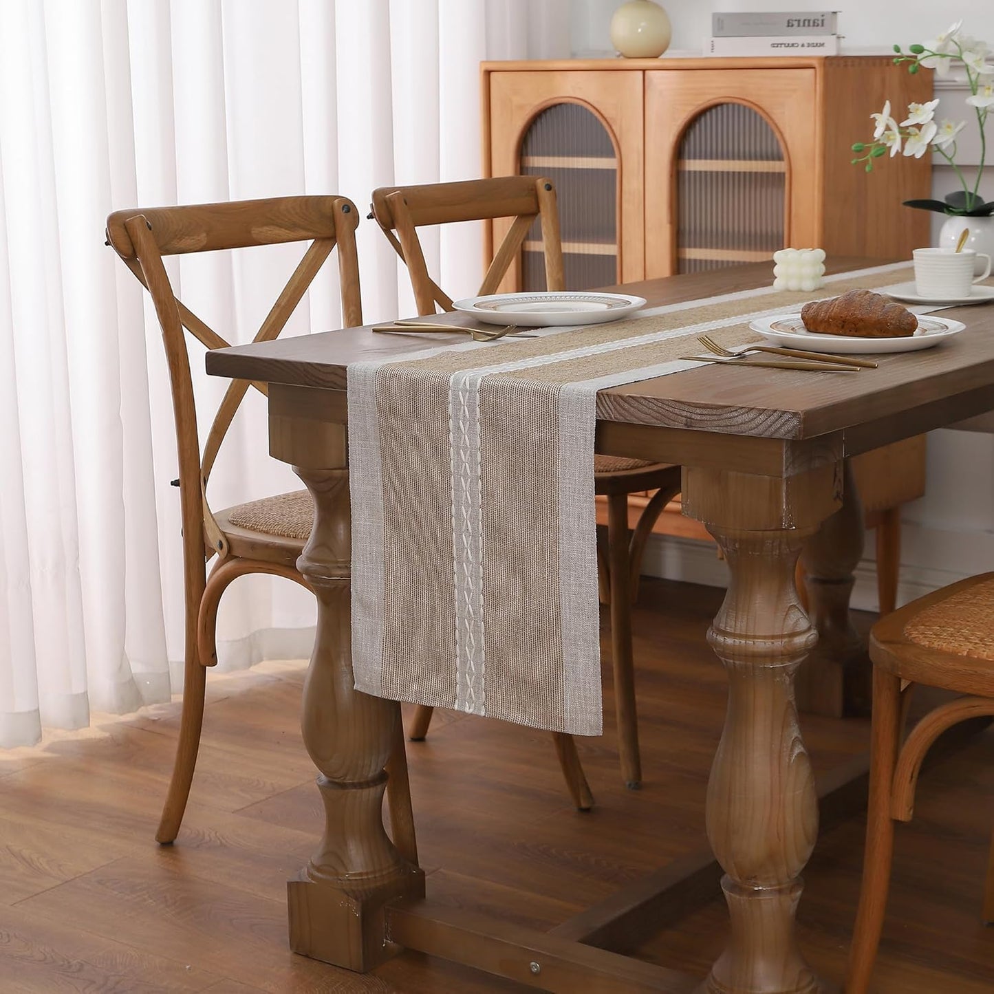 Gernaice Boho Table Runner, Rustic Cotton Linen Farmhouse Table Runners for Holiday Wedding Dining Living Room Bedroom Home Decor, 90" L X 13" W Brown