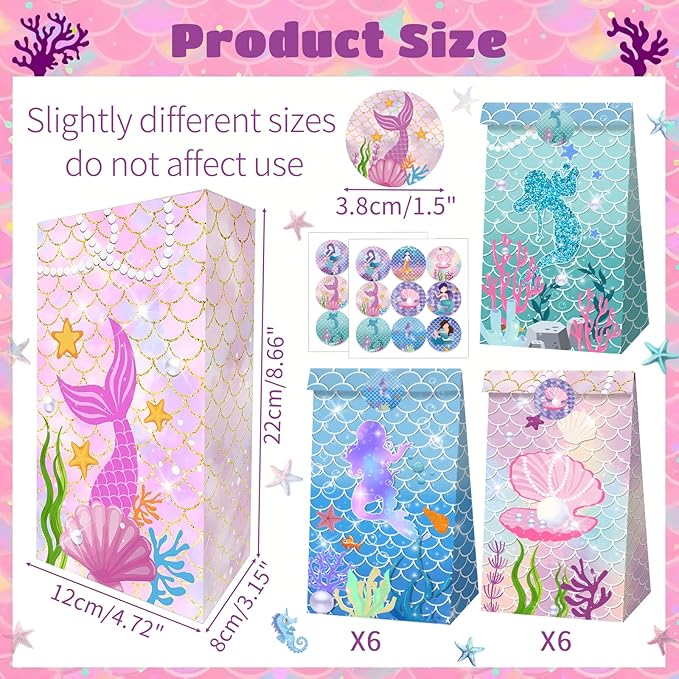 Mermaid Party Favor Bag Little Mermaid Birthday Decorations Jellyfish Seashell Gift Goodie Bags with Sticker for Girls Under the Sea Aquatic Nautical Party Summer Ocean Beach Party Supplies (12Pcs)