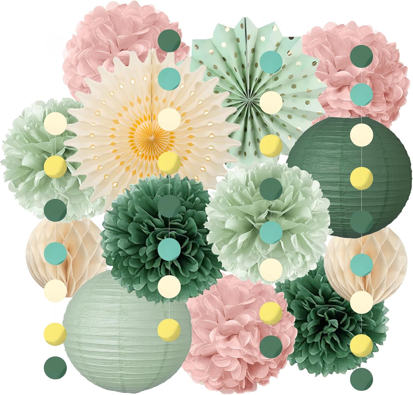Sage Green and Dusty Rose Party Decorations Sage Green and Dusty Rose Paper Fans Paper Lanterns Pom Poms Flowers for Baby Shower Birthday Wedding Engagement Party