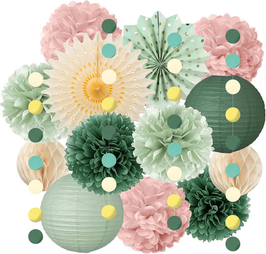 Sage Green and Dusty Rose Party Decorations Sage Green and Dusty Rose Paper Fans Paper Lanterns Pom Poms Flowers for Baby Shower Birthday Wedding Engagement Party