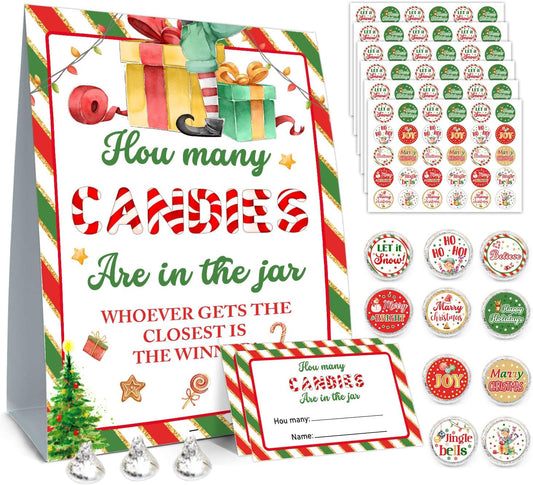 Guess How Many Christmas Kisses Game, How Many Kisses Standing Sign 50 Guessing Cards 180 Christmas Kisses Stickers, Christmas Games for Families, How Many Kisses Christmas Game Set for Christmas