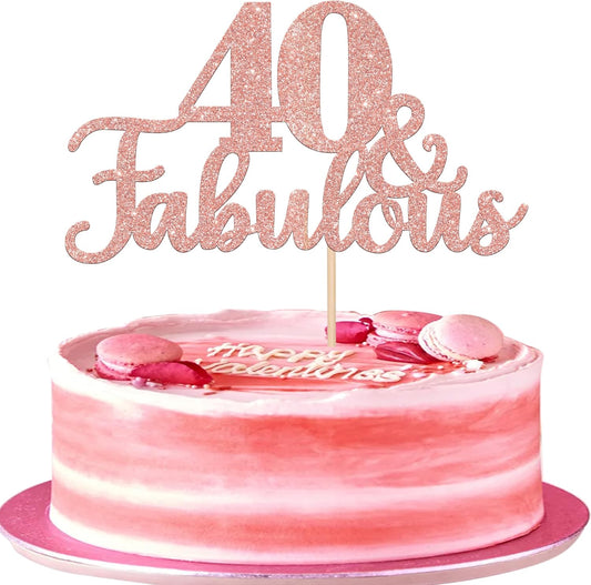 1 PCS 40 & Fabulous Cake Topper Glitter Forty and Fabulous Cake Toppers Happy 40th Birthday Cake Pick for 40th Wedding Anniversary Birthday Party Cake Decorations Supplies Rose Gold