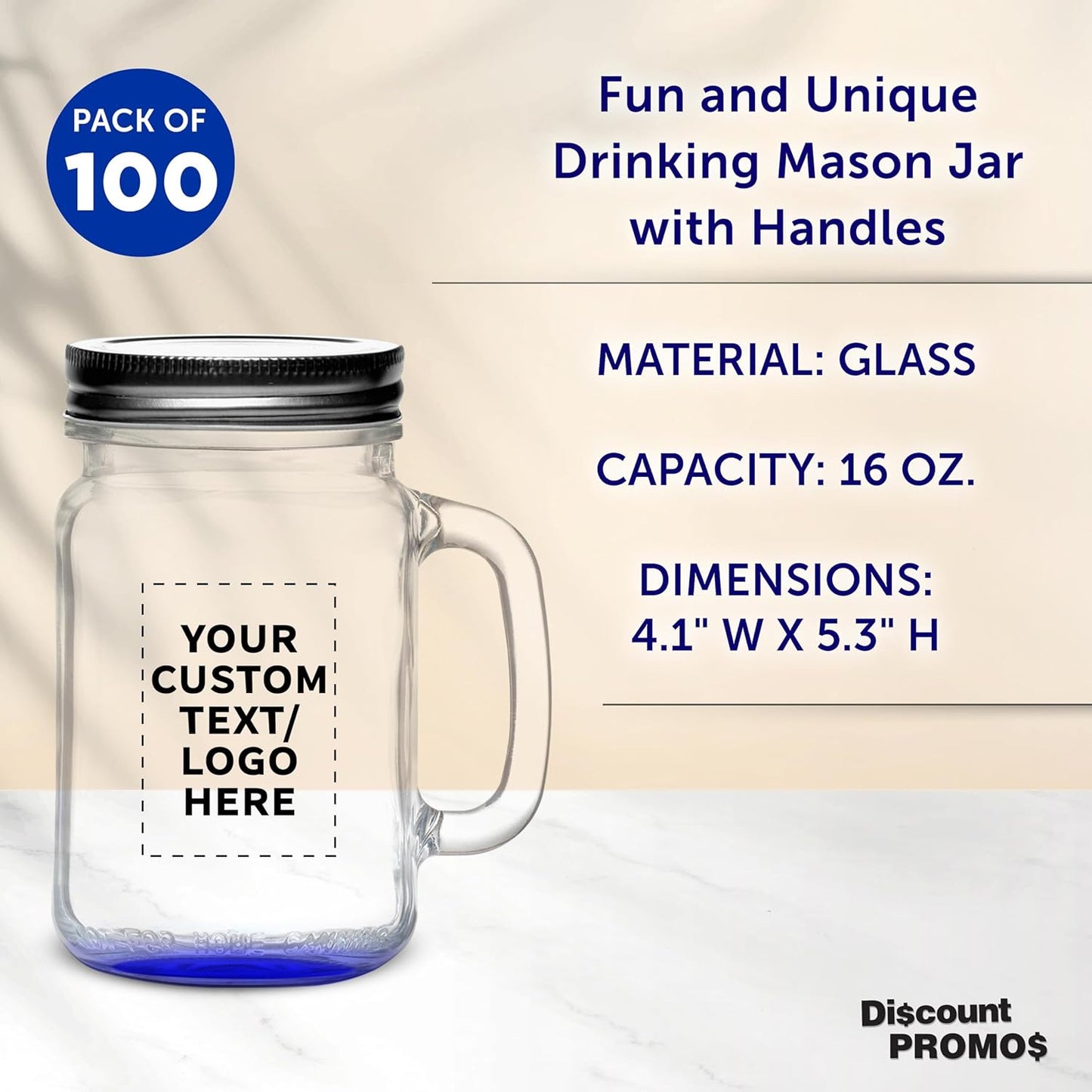 DISCOUNT PROMOS Custom Libbey Handle Mason Jars w/Lids 16 oz. Set of 100, Personalized Bulk Pack - Traditional style, High standard - Blue