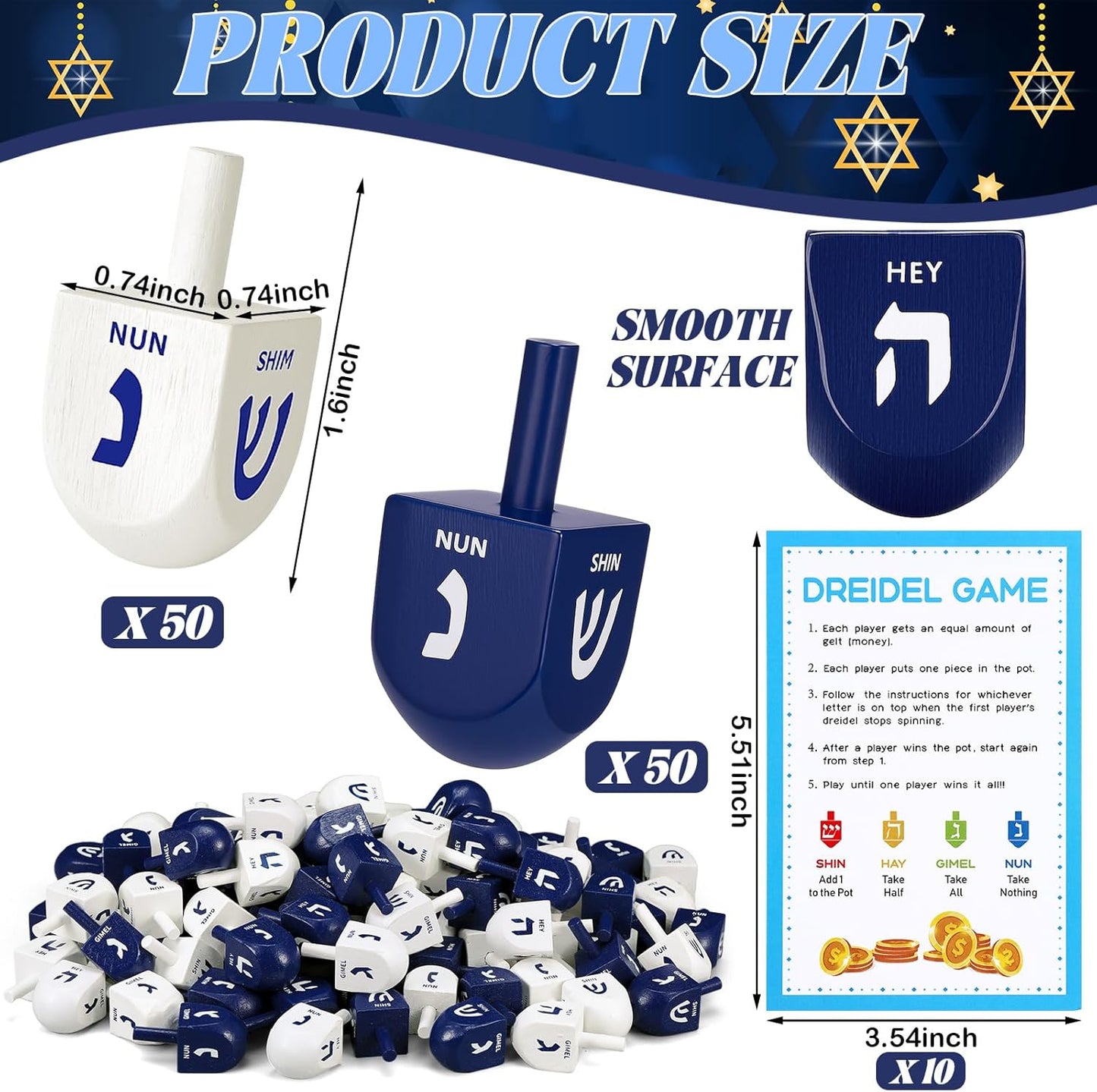 Wettarn 100 Pieces Hanukkah Dreidels Bulk Wooden Hanukkah Dreidels with Game Instruction Cards for Party Game(Size 1,Cool Style)