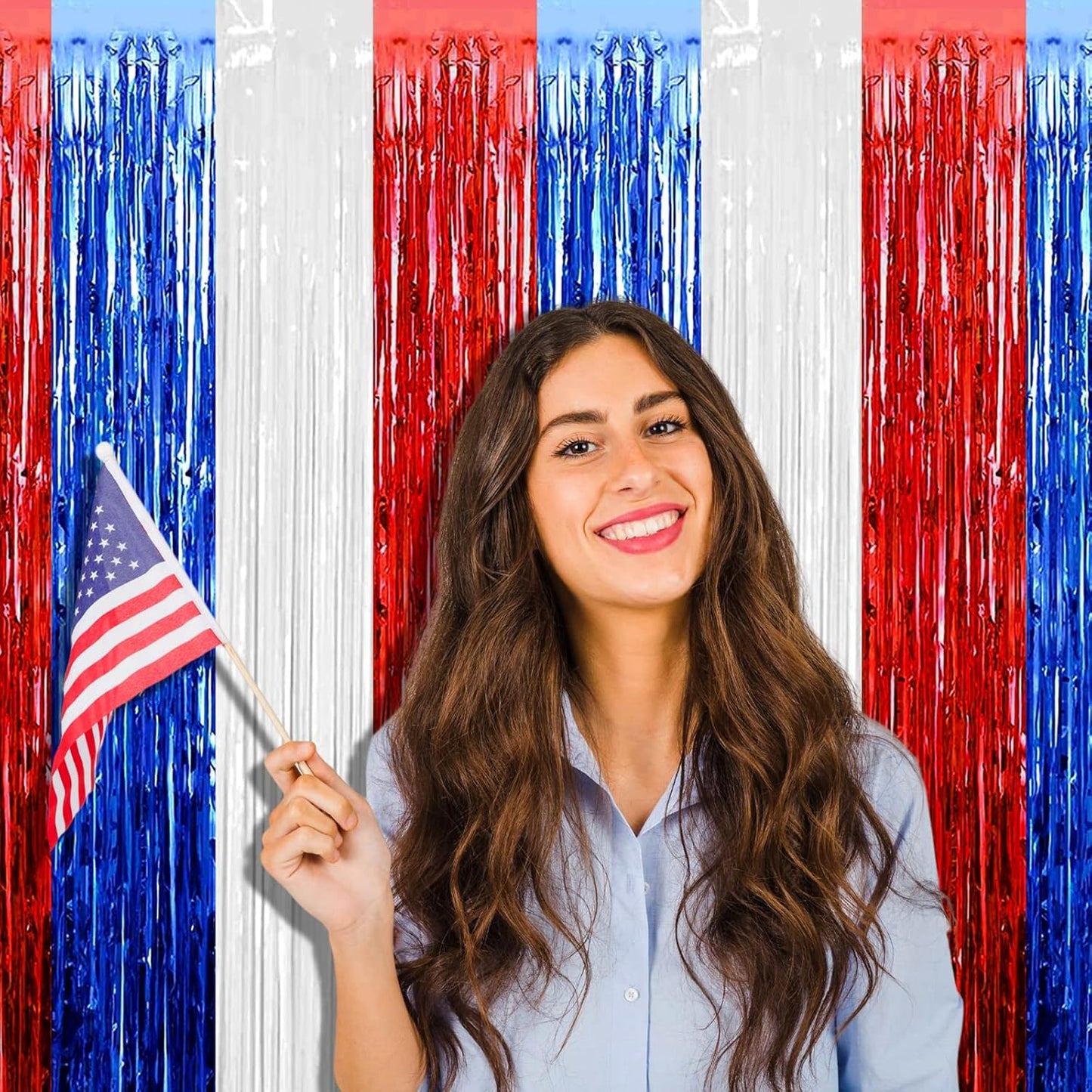 4 Pack 3.2Ft x 6.6Ft Red Blue White Foil Fringe Curtain Backdrop, Metallic Tinsel Foil Fringe Streamers Curtains Background for Photo Booth, Birthday, Wedding, Independence Day Party Decoration