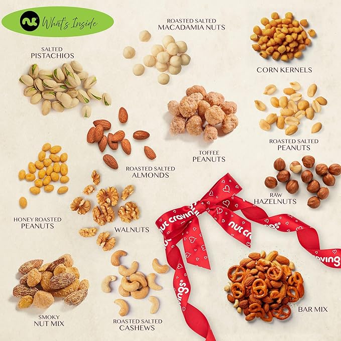 NUT CRAVINGS - Halloween Treats For Adults Mixed Nuts Gift Basket in Reusable Wooden Tray + Heart Ribbon (12 Assortments) Holiday Xmas Christmas Food Arrangement, Healthy Snack Care Package