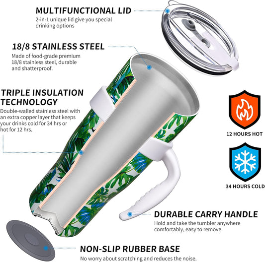 THILY Stainless Steel Vacuum Insulated Tumbler 40 oz Coffee Travel Mug with Handle and Lid, Reusable, Sweat Proof, Keep Drinks Cold for 34 Hours or Hot for 12 Hours, Green Plants