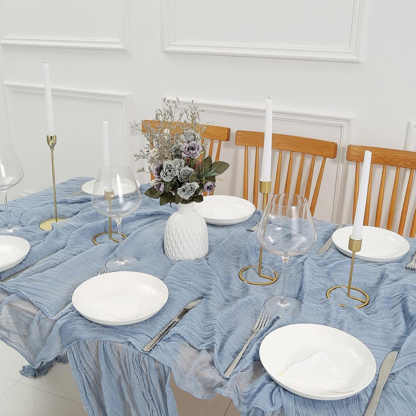 DOLOPL 8PCS Dusty Blue Cheesecloth Table Runner Bulk 13.3ft Boho Gauze Cheese Cloth Table Runner Rustic Sheer Runner 160inch Long for Wedding Bridal Baby Shower Birthday Party Cake Table Decorations