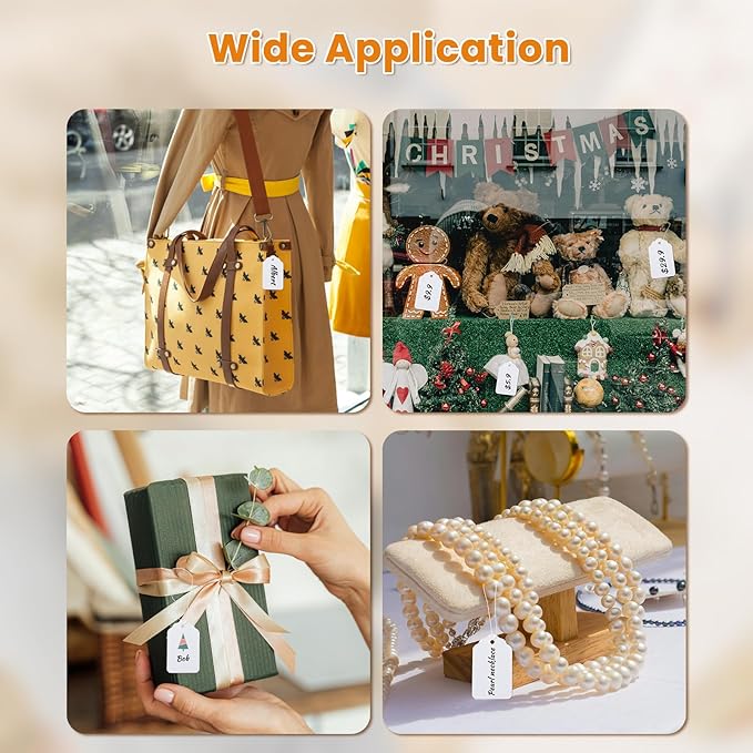 White Price Tags with String Attached 1000 PCS, 1.375 x 2.125 Inches, Goefun Writeable String Tags for Gift Bags, Hanging, Clothing, Jewelry, Garage/Yard Sale, Inventory, 250 GSM