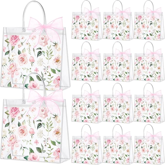 Wesnoy 24 Pcs Clear Floral Gift Bags with Handles Rose Pink Flower PVC Treat Tote Bag for Tea Birthday Party Wedding Bridal Shower Bachelorette Anniversary Engagement Guests, 6.3 x 5.9 x 3.2 Inch