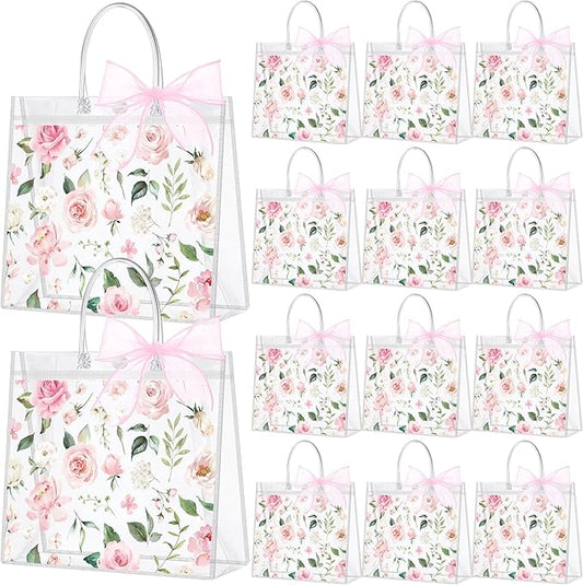 Wesnoy 24 Pcs Clear Floral Gift Bags with Handles Rose Pink Flower PVC Treat Tote Bag for Tea Birthday Party Wedding Bridal Shower Bachelorette Anniversary Engagement Guests, 6.3 x 5.9 x 3.2 Inch