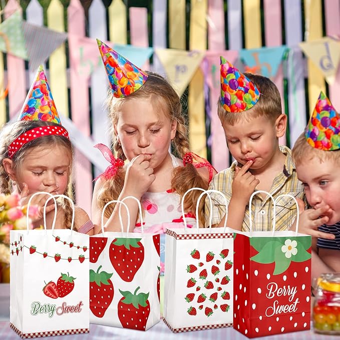 Outus 24 Pcs Strawberry Party Favor Bags Summer Strawberry Gift Goodie Paper Bags with Handles Red Berry Sweet Candy Treat Pouch for Berry First Birthday Party Decorations Supplies