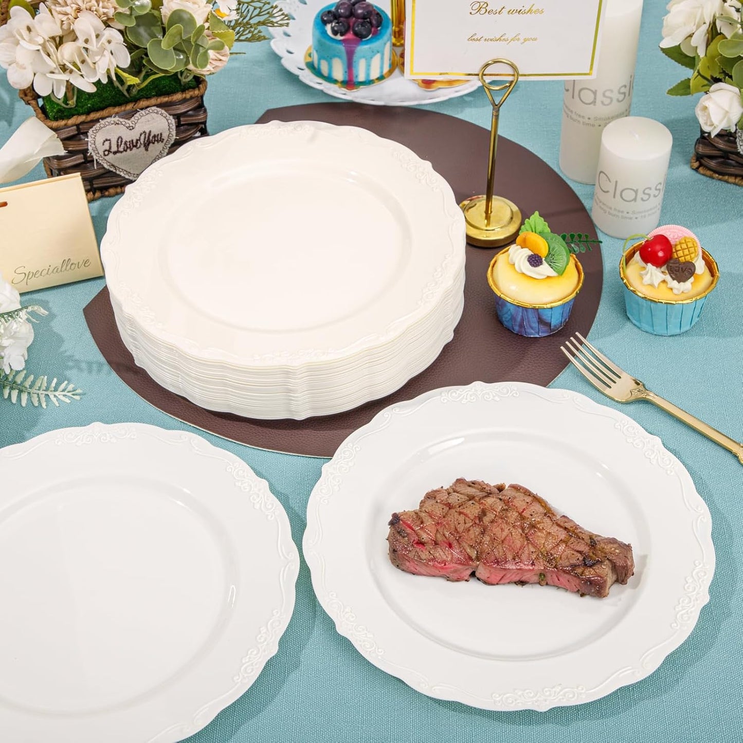 DaYammi 60PCS Ivory Plastic Plates, Thanksgiving Plates Disposable Heavy Duty Disposable Plates Premium 10inch Ivory Dinner Platos Hard Plastic Platos Disposable for Party Wedding Bridal Shower