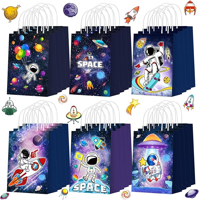 Outus 24 Pcs Space Party Favors Bags Galaxy Gift Bags Space Paper Goodie Bags Astronaut Party Favors Planet Starry Sky Candy Treat Bags for Kids Astronaut Science Themed Birthday Party Supplies