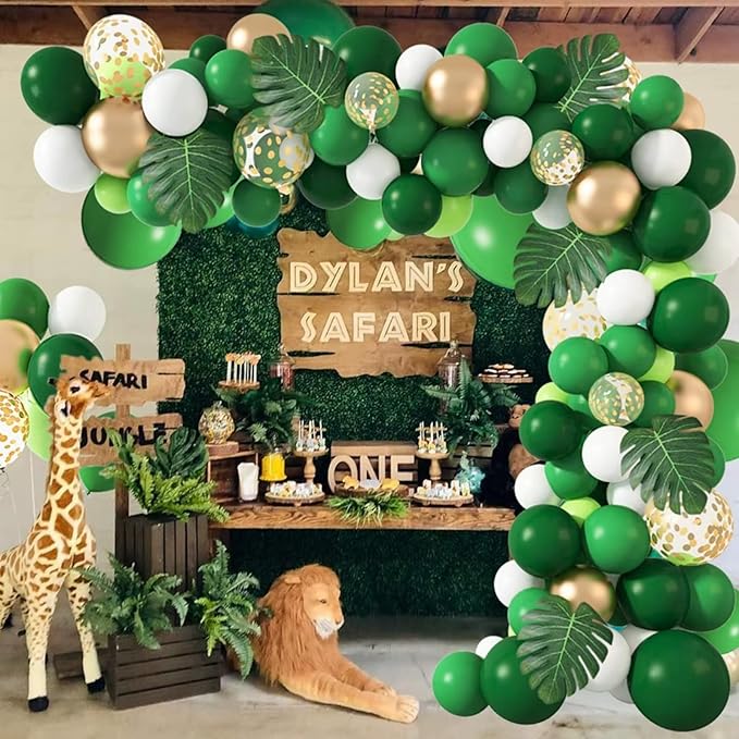 Light Green Balloons Arch Kit,130Pcs Dark Green and Gold Balloons,Different Sizes White and Gold Latex Balloon for Jungle Forest Themed Birthday St. Patrick's Day Party Decorations