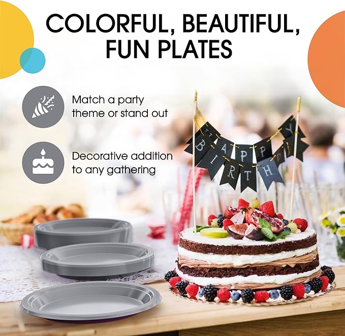 Party Solids Silver Plastic Plates For Party Supplies, Silver Disposable Plates 100 Pieces - 50-7" & 50-9" Heavy Duty 350 GSM Disposable Dinnerware Sets, Plastic Dinnerware Sets