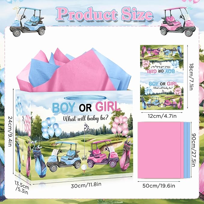 TagreSpike Golf Theme Gender Reveal Gift Bag with Tissue Paper & Card, Boy or Girl Paper Treat Bag for What Will Baby Be Golfing Party Decorations, Blue & Pink Baby Shower Supplies