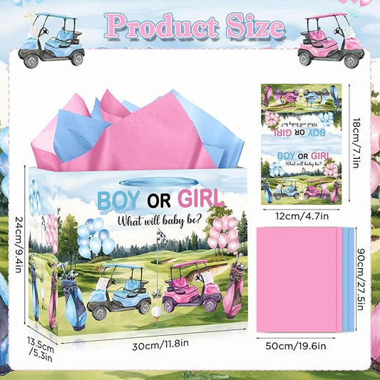 TagreSpike Golf Theme Gender Reveal Gift Bag with Tissue Paper & Card, Boy or Girl Paper Treat Bag for What Will Baby Be Golfing Party Decorations, Blue & Pink Baby Shower Supplies