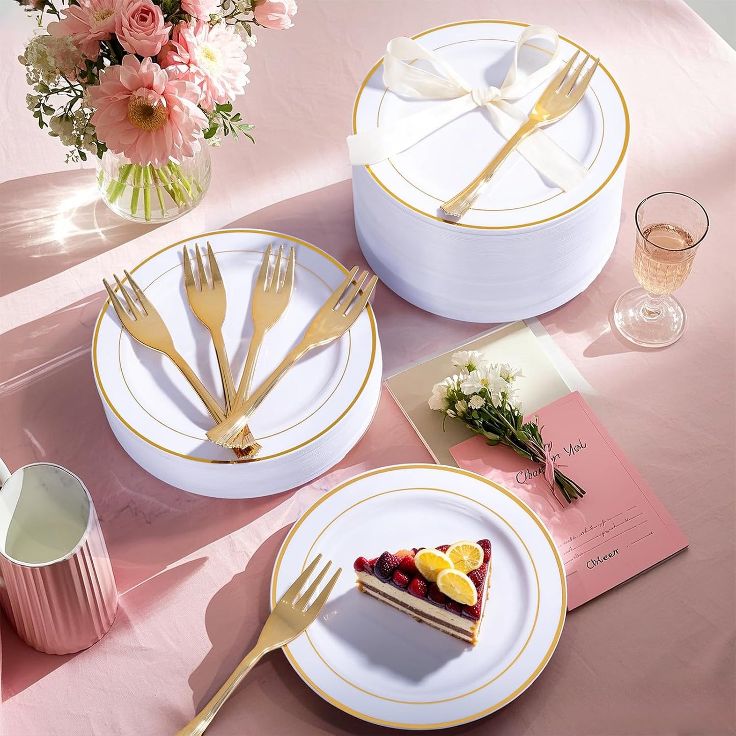 WELLIFE 120 PCS Plastic Dessert Plates and 120 PCS Forks, 6.3 inch Disposable Salad Plate, Premium White Appetizer Plates with Gold Rims Perfect for Parties, Weddings