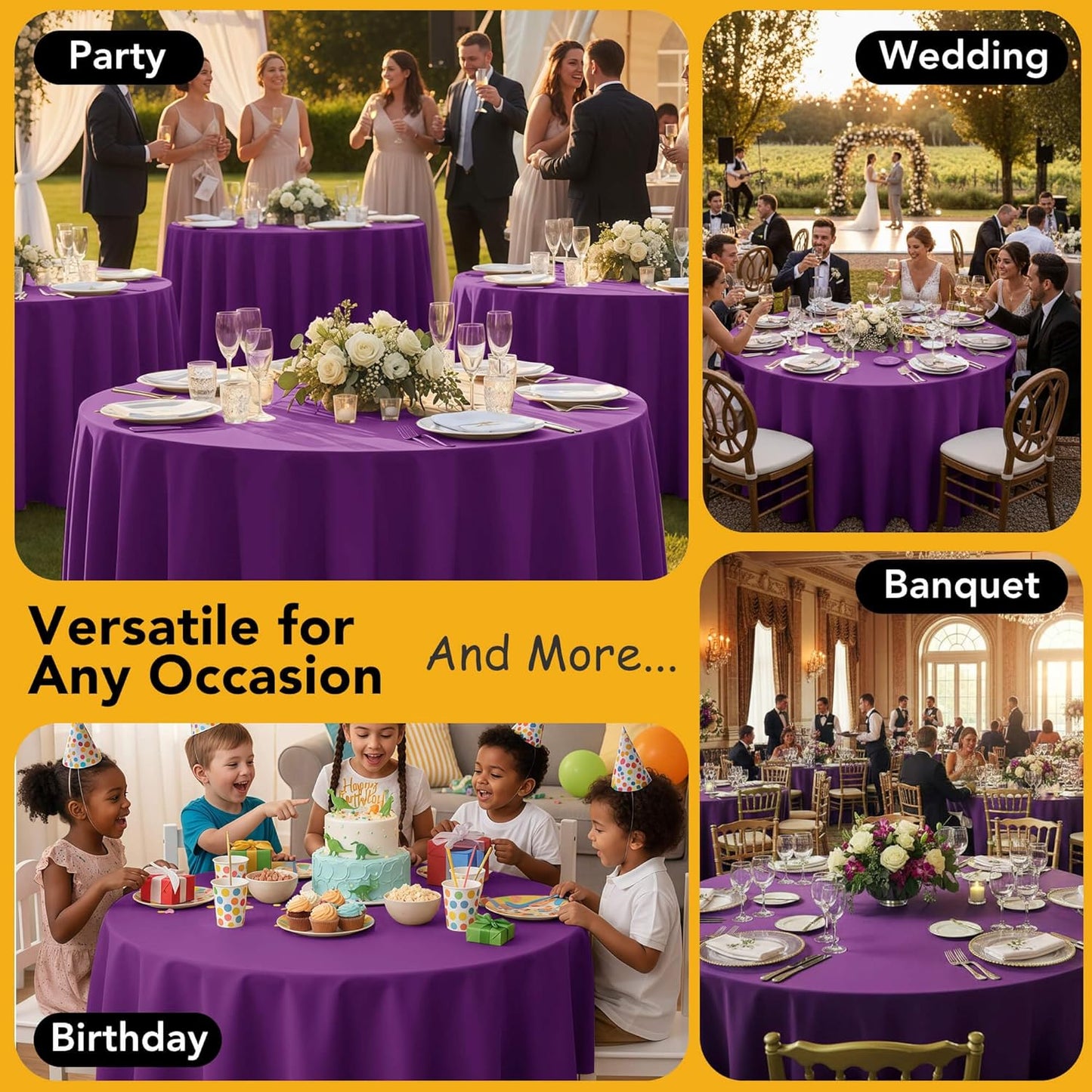10-Pack Purple Round Tablecloths, 70 Inches, Stain-Resistant Polyester for 3-4 Ft Round Tables - Washable Table Covers for Weddings, Banquets, Birthday Parties, Events