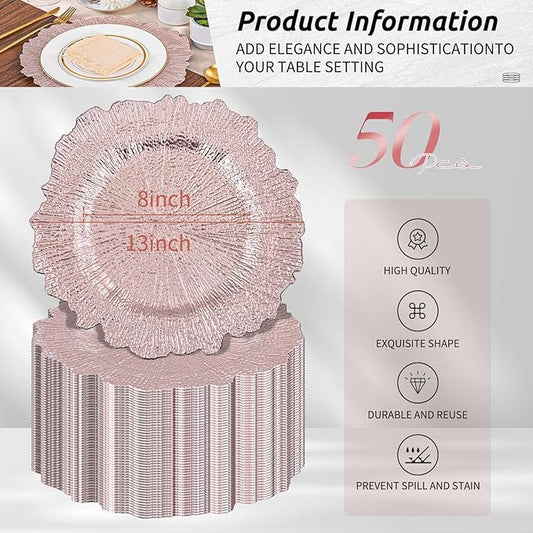 Pesonlook 50Pcs Rose Gold Charger Plates Round 13inch, Reef Plate Chargers for Dinner, Bulk Plastic Floral Table Plates for Dinner Wedding Party Event Table Setting Decoration(Rose Gold)