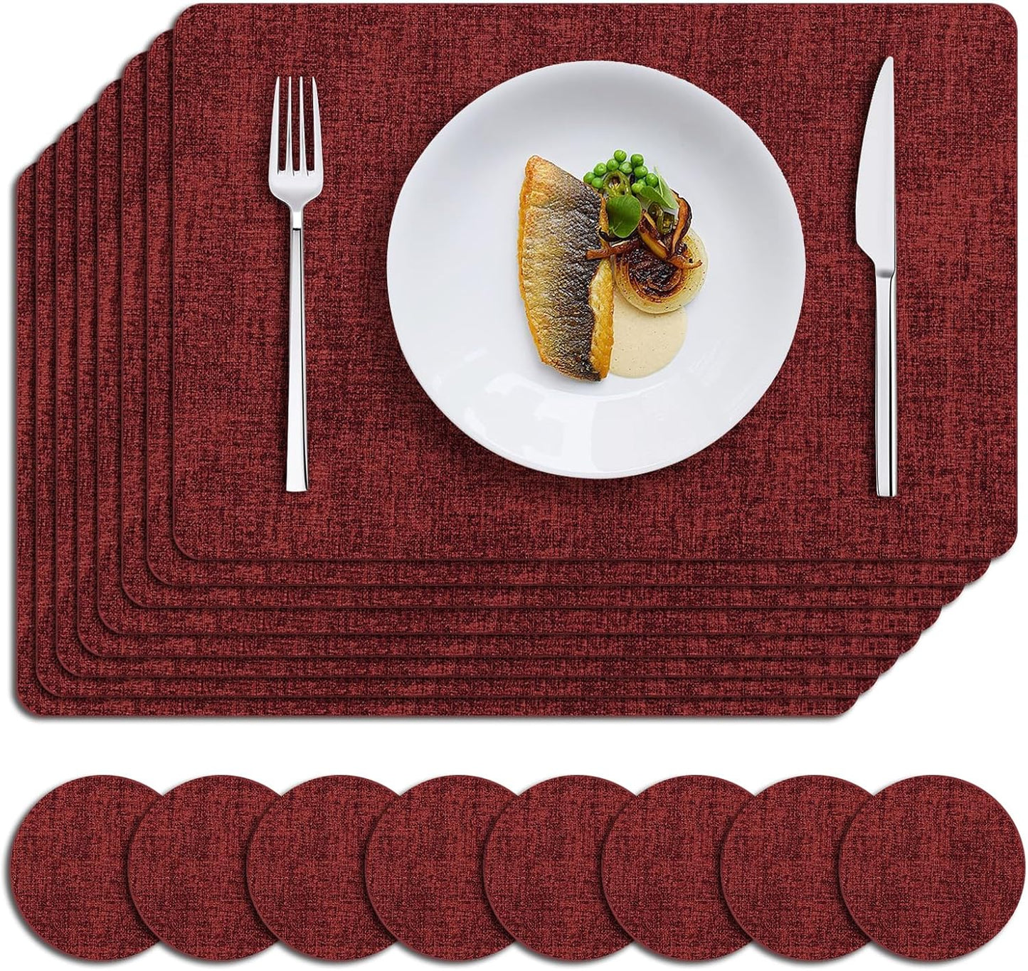 MOSAYT Christmas Placemats Set of 8, Heat Resistant Vinyl Place Mats with Coasters, Wipeable Washable 100% Waterproof Oil Proof Faux Leather Table Mats for Kitchen Dining Party Indoor, 12" x 18", Red