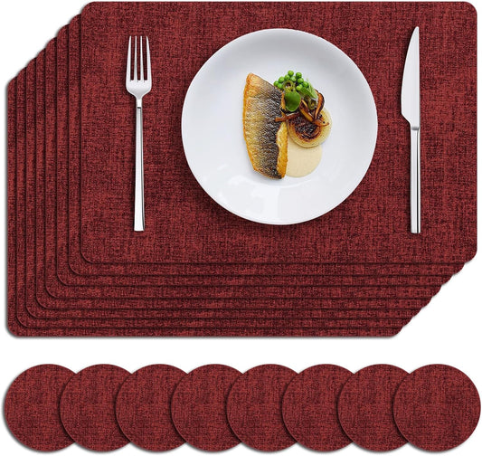 MOSAYT Christmas Placemats Set of 8, Heat Resistant Vinyl Place Mats with Coasters, Wipeable Washable 100% Waterproof Oil Proof Faux Leather Table Mats for Kitchen Dining Party Indoor, 12" x 18", Red