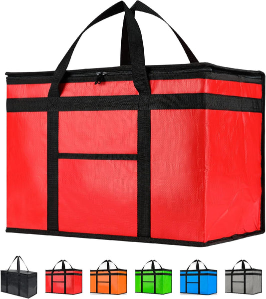 Durable XXL PRO Insulated Cooler Bag and Food Warmer for Delivery & Grocery Shopping with Zippered Top, Red Commercial Grade (1 Pack)