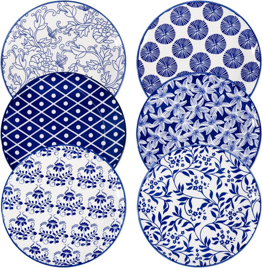 Sweejar Ceramic Dinner Plates Set, 8 Inch Porcelain Dessert Plates, Microwave & Dishwasher Safe Cake Plate for Salad, Pasta, Meat Steak, Set of 6(Vintage Blue)