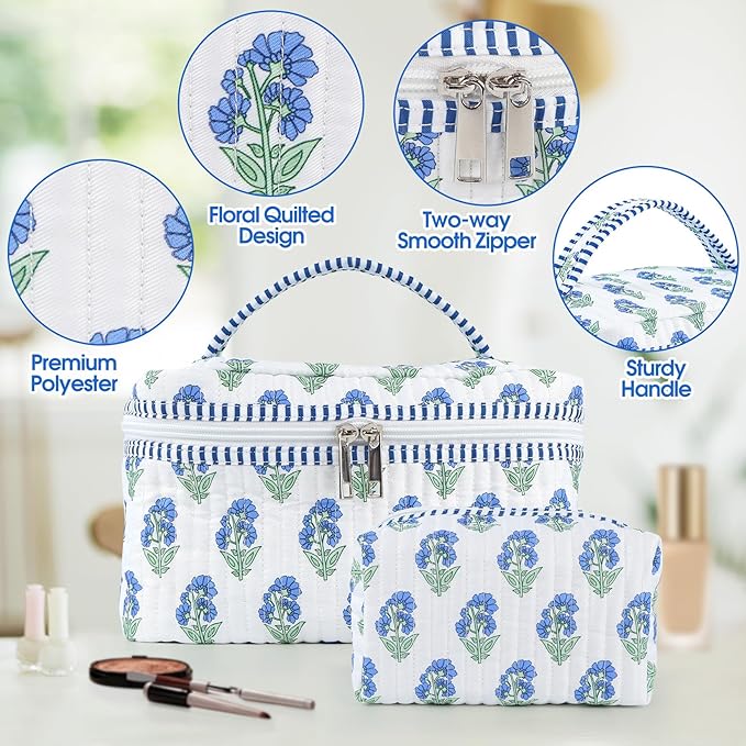2 Pcs Quilted Makeup Bag Set, Floral Boho Toiletry Bag Travel Essentials Gifts for Women Girls, Cute Flower Cosmetic Organizer Pouch Make Up Bags for Travel Bachelorette Party Favors (Blue - White)