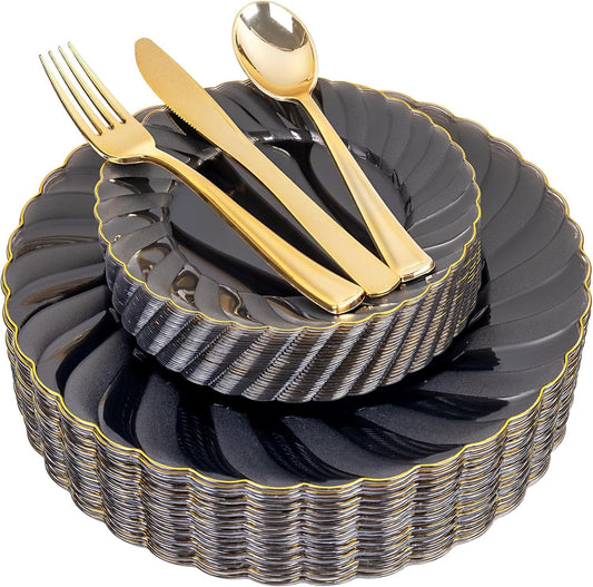 YOUBET 125PCS Clear Black Plastic Plates - Black and Gold Disposable Plates Include 50 Plate, 75 Silverware for Wedding & Party & Birthday