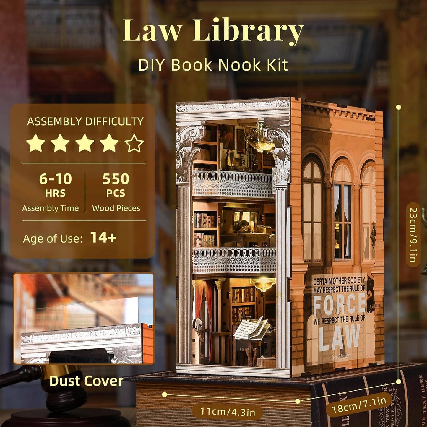 DIY Book Nook Kit for Adults, 3D Wooden Puzzle Bookend Bookshelf Insert Decor with LED Light and Dust Cover (Law Library)